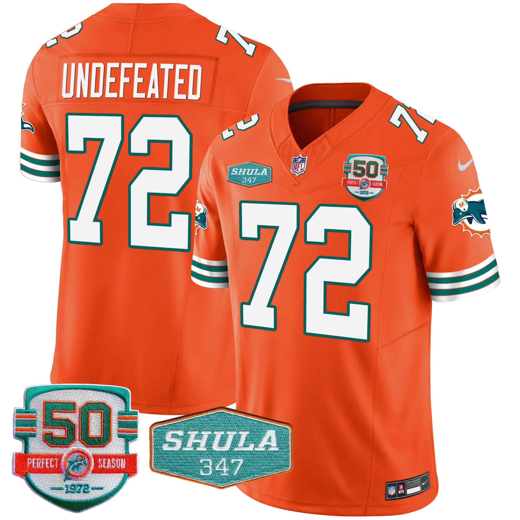 Men Miami Dolphins #72 Undefeated Orange 2024 Nike Throwback Shula 347 Patch Vapor NFL Jersey